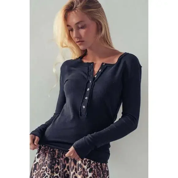 Ribbed Henley Long Sleeve Top - Picture 2 of 7